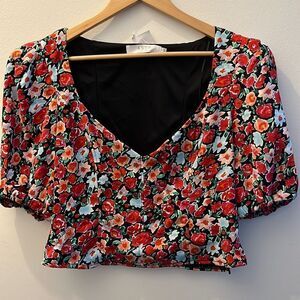 ASTR The Label Floral Elbow Sleeve Cropped Blouse, Large, NWT
